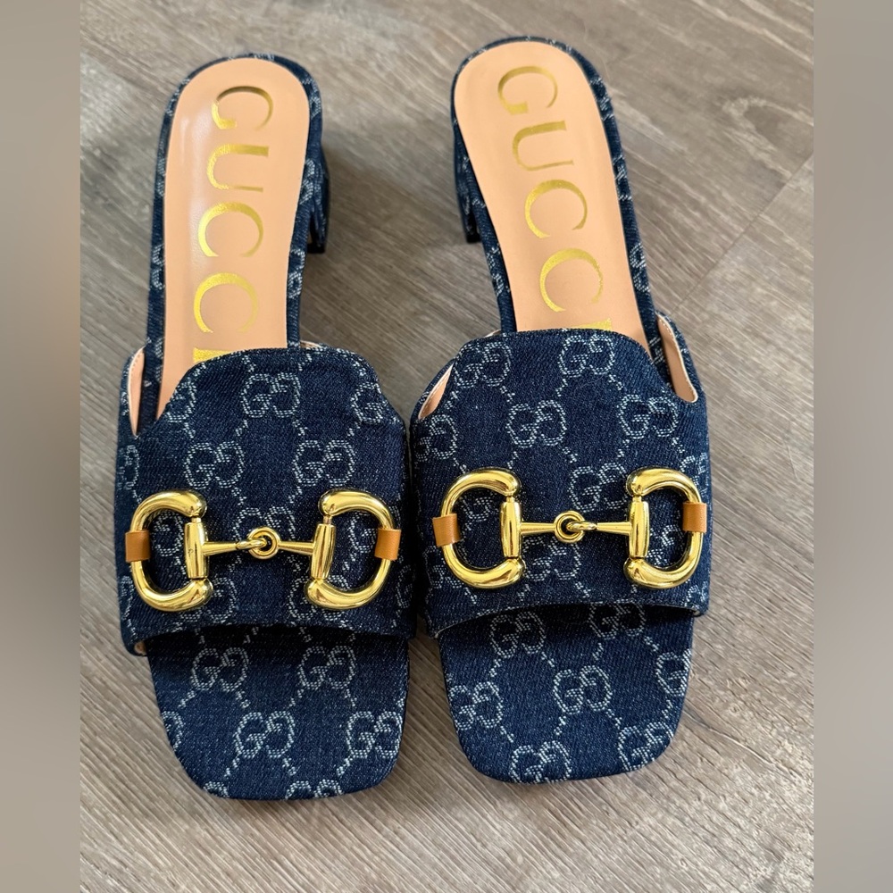 Gucci Women's Denim Mules with Gold Hardware, never worn